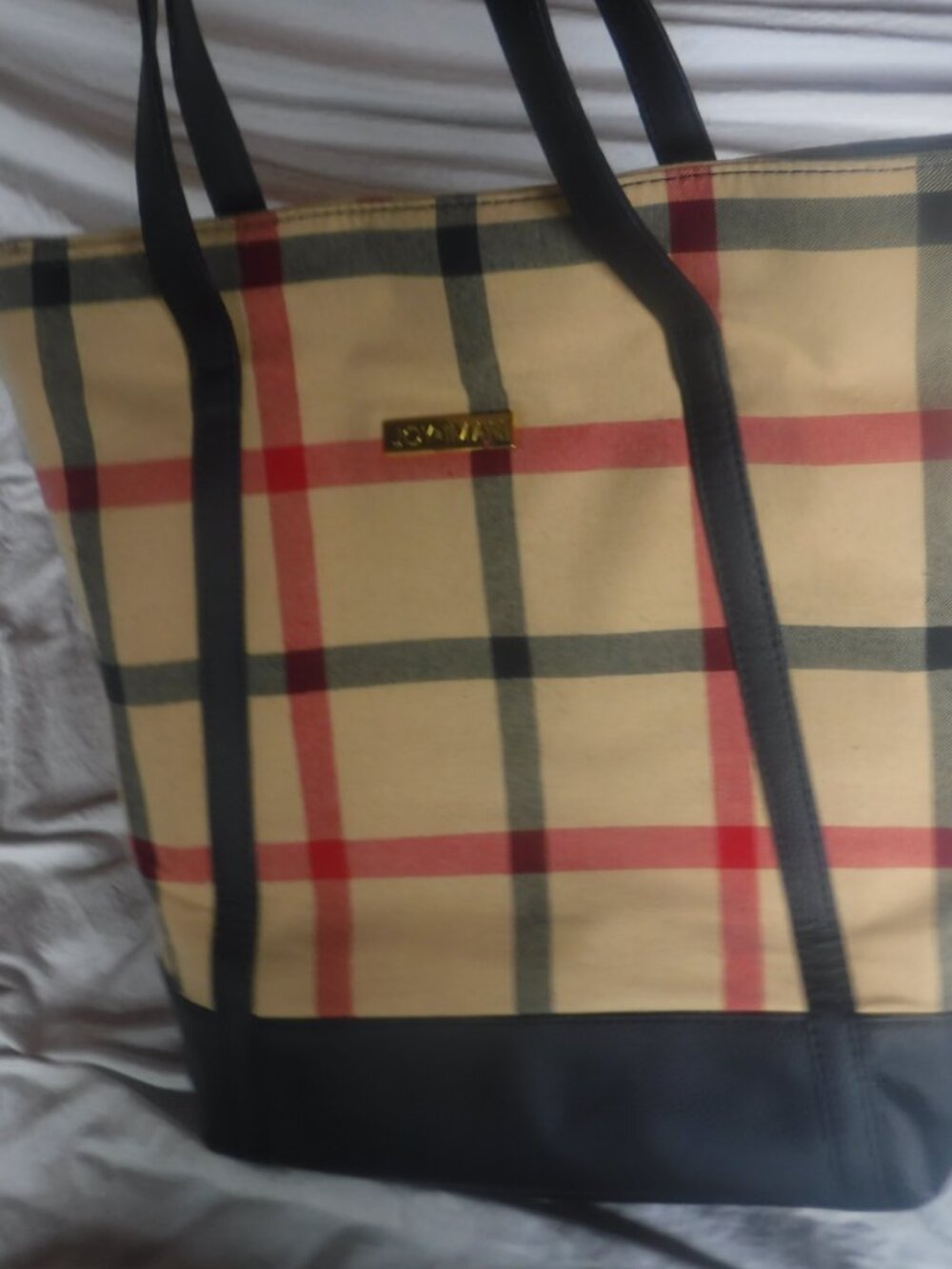 Joy & Iman Women's Tote Bag Tan Red Plaid Black Leather Cotton